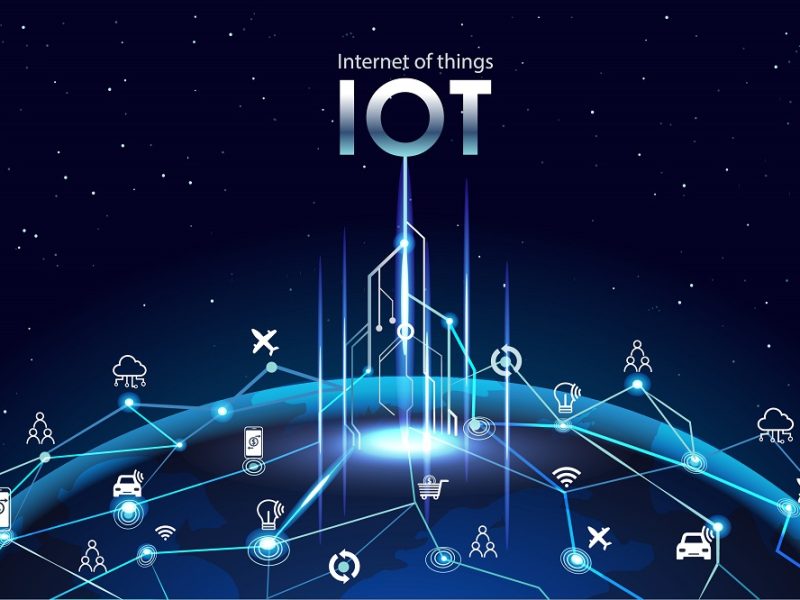 Internet of things (IOT), devices and connectivity concepts on a network, cloud at center. digital circuit board above global Earth.